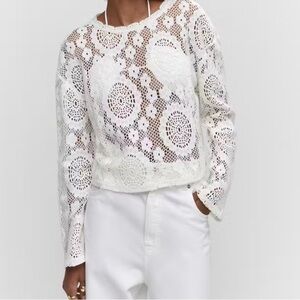 Mango White Crochet Lace Long-Sleeve Top
